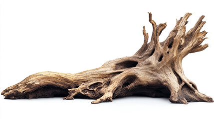 Close up shot of a large piece of driftwood with holes on a white background in studio lighting