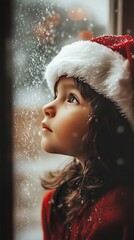 A young girl in a Santa hat gazes thoughtfully out a frosted window, surrounded by the soft glow of holiday lights. Capturing the innocence and wonder of the holiday season, this image evokes warmth