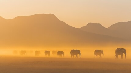 A herd of elephants walking through a dusty landscape at sunset