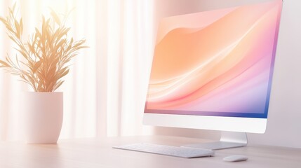 A sleek computer sits on a desk beside a potted plant, illuminated by soft light filtering through sheer curtains.