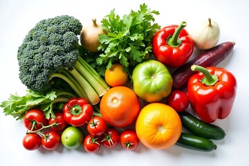 A bounty of colorful vegetables and fruits promising fresh flavors and healthy eating top down bright lighting