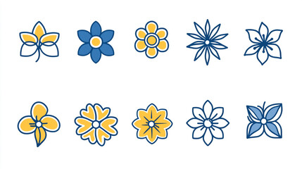 Collection of ten stylized flower illustrations with blue outlines and yellow or blue fill