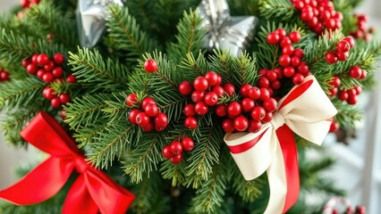 Decorated evergreen branch with red berries and white bow tied around a Christmas tree, natural elements, red bows