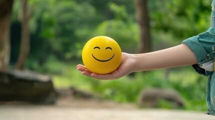 Empowering positive thinking woman holding smiling sphere in nature inspiring mindset outdoor serenity uplifting concept