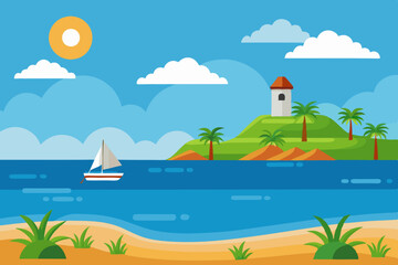Obraz premium summer landscape with a boat and sea