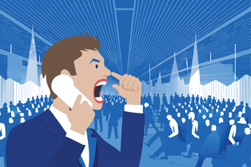 A lone, overwhelmed individual amidst the chaotic energy of a bustling stock exchange floor, surrounded by traders.