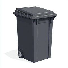 Trash bin vector illustration, swing lid design, dark gray tones, clean geometric shapes, isolated on a white background, sharp edges, simple and professional.