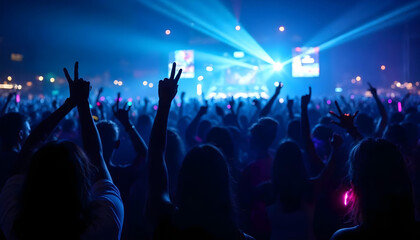 Crowd raising hand in the air and enjoying concert on a festival
