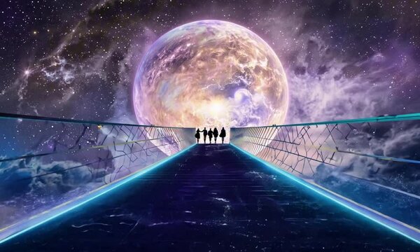A massive celestial bridge, composed of shifting stardust and glowing energy, stretches between two distant planets. Travelers walk across its surface, weightless