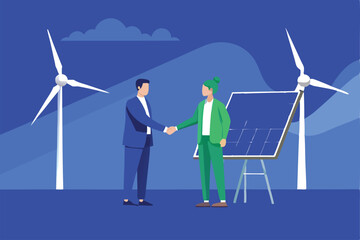 A confident businesswoman invests in a sustainable green energy business, reviewing solar panel project plans.