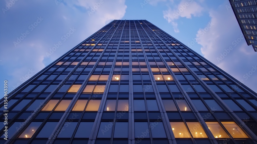 Poster Impressive view of a skyscraper from below highlighting its modern architecture and evening lights : Generative AI