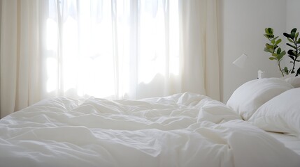 Bright and airy bedroom featuring a cozy bed with crumpled white bedding and soft natural light from the window : Generative AI