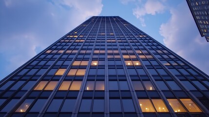 Impressive view of a skyscraper from below highlighting its modern architecture and evening lights : Generative AI