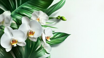 Obraz premium Tropical floral arrangement with orchids and banana leaves, displayed on transparent background, lush green and white tones, clean lines, crisp focus, and stylish and exotic appearance.