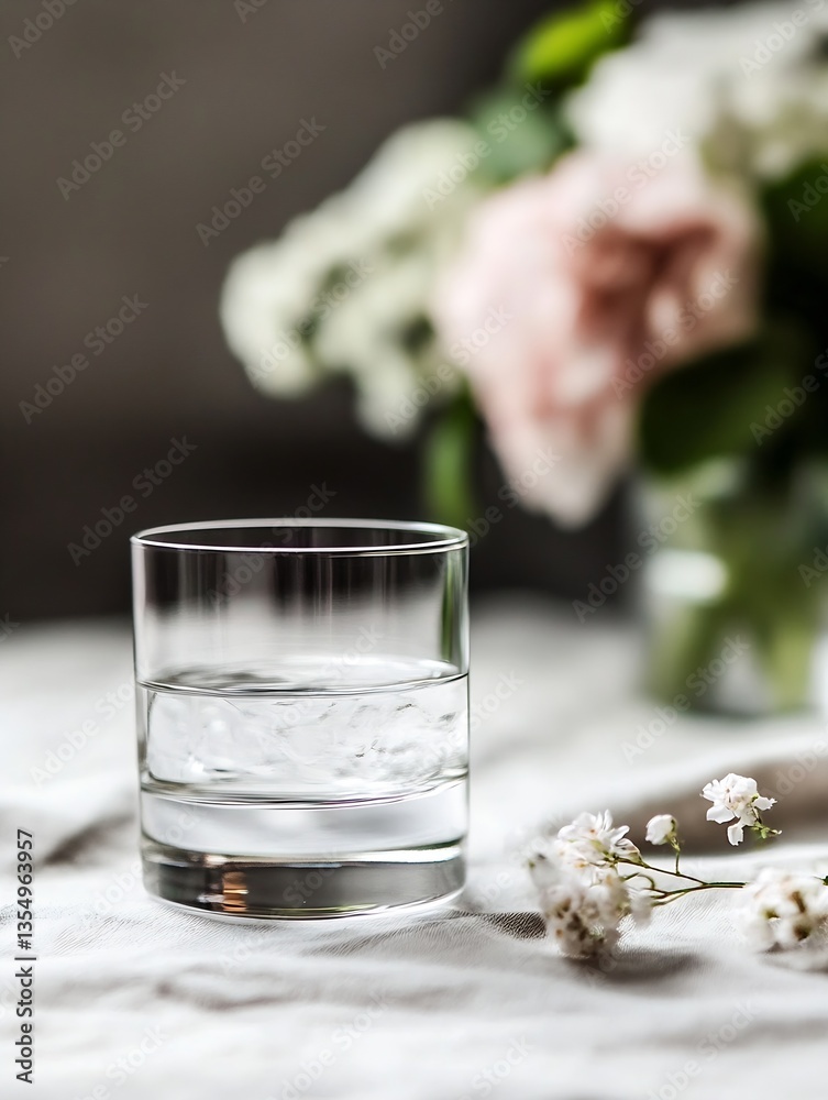 Poster elegant glass of water on a table surrounded by delicate flowers and a gentle atmosphere : generativ