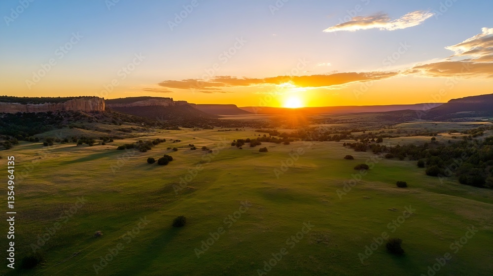 Poster breathtaking sunset view over expansive green fields and distant cliffs during golden hour : generat