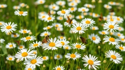 Fototapeta premium A field of daisies with a few bees and butterflies visiting, insects, butterflies, green