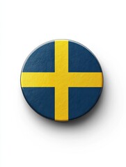 A circular logo of the Swedish flag on a white background