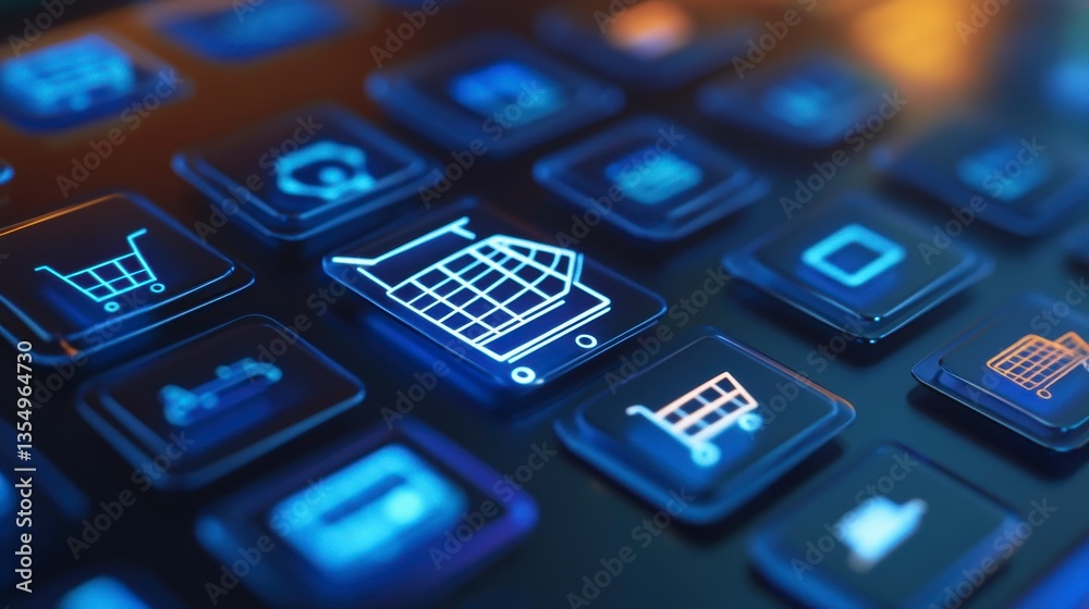 Poster glowing shopping cart icon on digital interface.