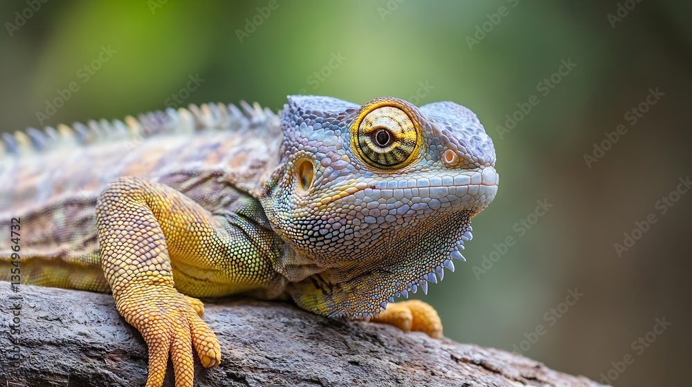 Poster colorful closeup of a bearded dragon resting peacefully on a tree branch : generative ai