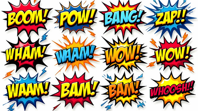 A vector illustration with a comic theme featuring classic comic book phrases