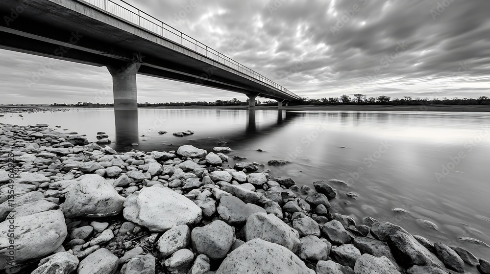 Poster black and white photograph of a bridge over calm water with pebbled riverbank on a cloudy day : gene