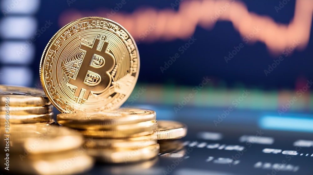 Leinwandbilder Closeup of shiny gold bitcoins stacked on a digital transaction graph in a cryptocurrency market setting : Generative AI
