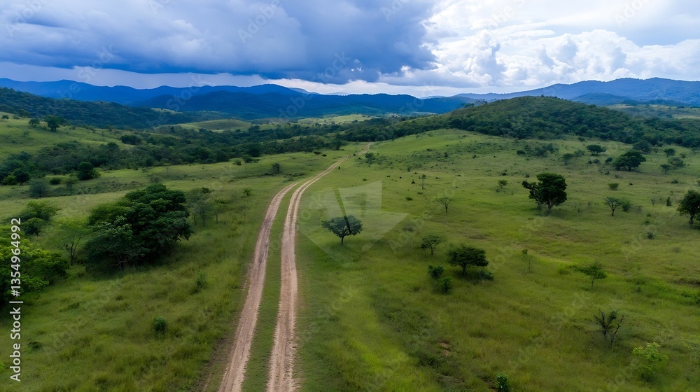 Poster beautiful panoramic view of an open green field with a winding dirt road surrounded by lush hills an