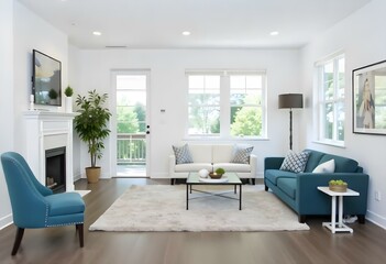 Fototapeta premium Living room with a white sofa, two blue chairs, a glass table, a white rug, and a plant in a pot , with a window in the background 