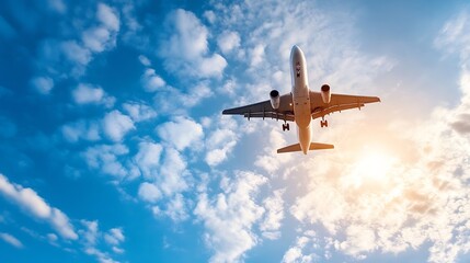 Commercial airplane flying against a backdrop of bright blue sky and fluffy white clouds at sunset : Generative AI