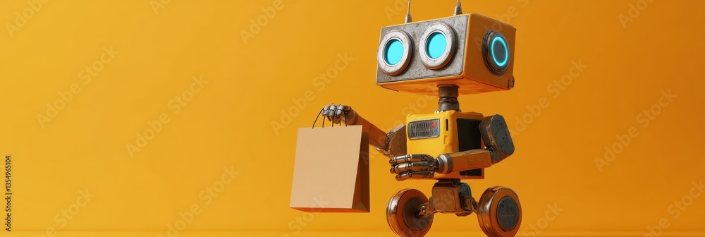 Aufkleber Friendly futuristic delivery robot hands over grocery bag in a modern cyberpunk setting with smooth lighting and reflections