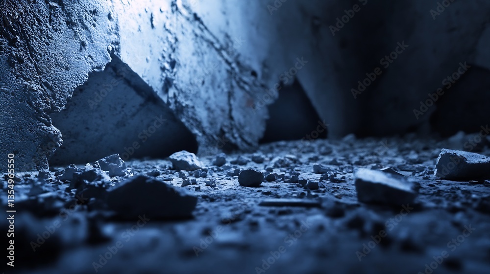 Poster closeup view of broken concrete debris on the floor illuminated by cool blue light : generative ai