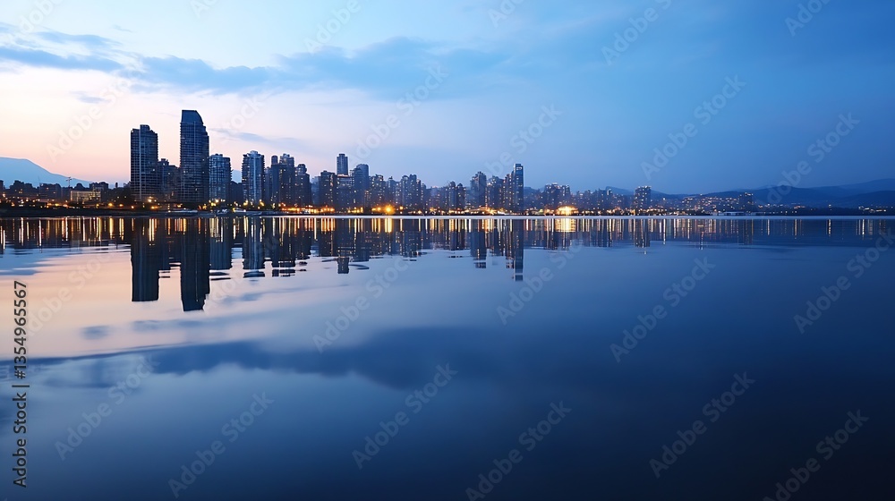 Poster city skyline reflecting in calm waters at dusk creating a vibrant urban landscape and atmosphere : g