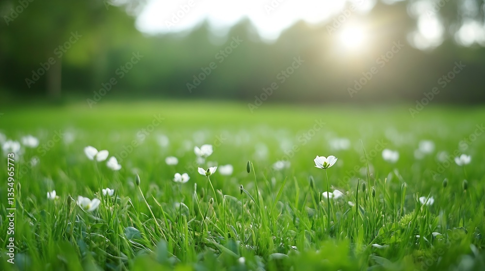 Poster beautiful green meadow in spring with blooming white flowers and soft sunlight streaming through tre