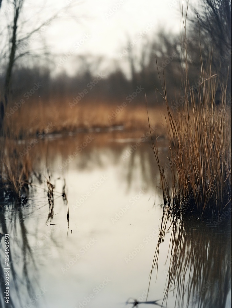 Poster still and tranquil wetlands with reflections of dry grasses and looming trees in calm water : genera