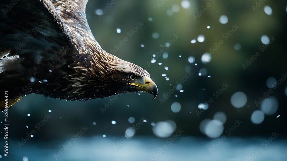 Poster Dynamic eagle captured midflight in a stunning nature background with blurred greenery and droplets of water : Generative AI