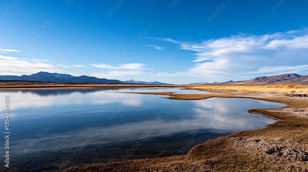 Aufkleber stunning panoramic view of serene lake with clear blue sky and distant mountains reflected in the wa