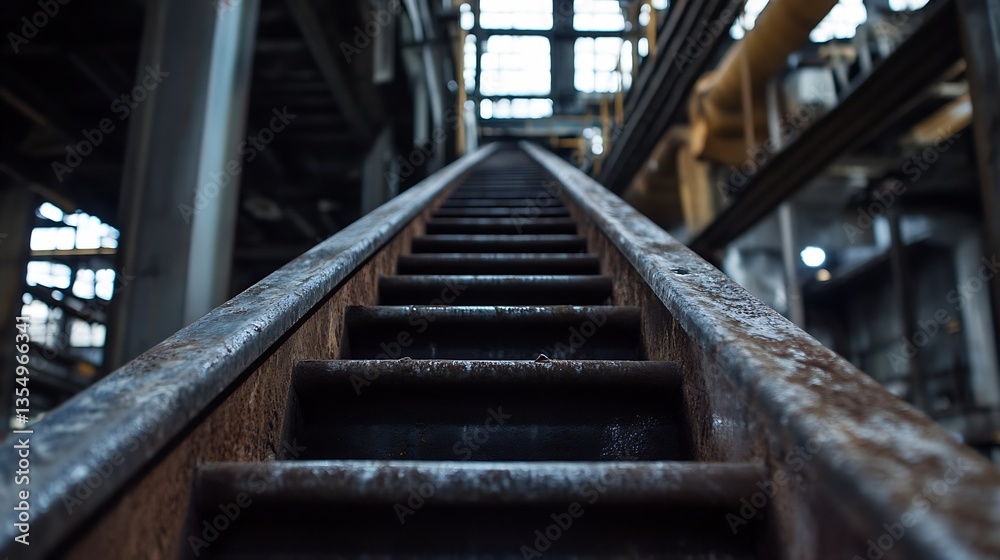 Poster Rusty metal stairs leading upwards in an industrial setting representing progress and decay of structures : Generative AI