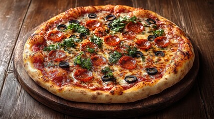 Delicious pepperoni pizza garnished with fresh basil, placed on wooden platter