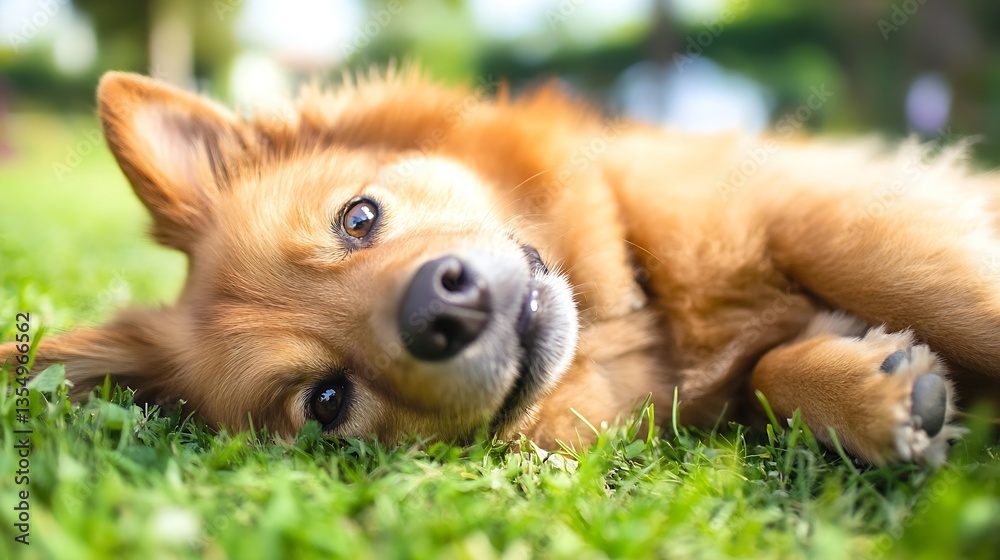 Poster playful dog enjoying a sunny day lying on the grass in a green park : generative ai