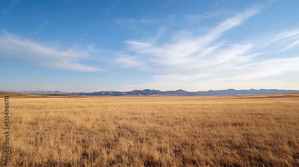 Poster expansive golden grassland under a clear blue sky with distant mountain range in the background : ge