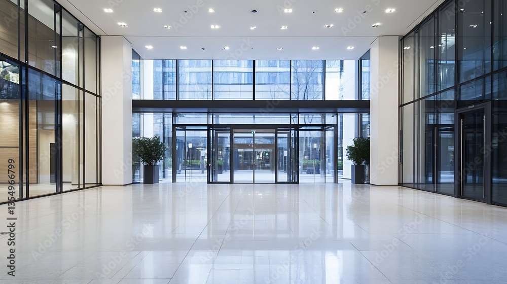 Poster contemporary open lobby area with modern architecture and glass walls highlighting a professional en