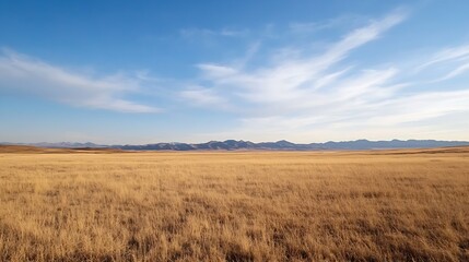 Expansive golden grassland under a clear blue sky with distant mountain range in the background : Generative AI