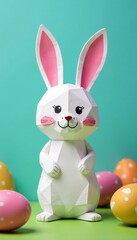 Fototapeta premium Whimsical Easter bunny made of paper conejo de pascua with colorful wrapping paper, pastel, hollidays, decoration
