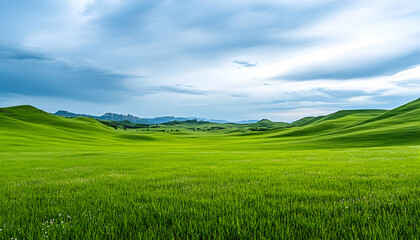 Serene rolling hills of vibrant green grass under a partly cloudy sky