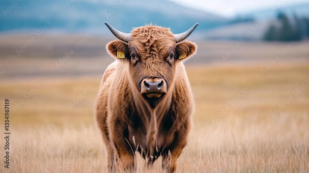 Poster curious highland cow standing in a grassy meadow with a beautiful landscape and mountains in the dis