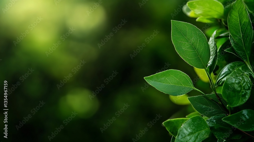 Poster Closeup of fresh green leaves with soft bokeh lighting creating a tranquil and natural ambiance : Generative AI