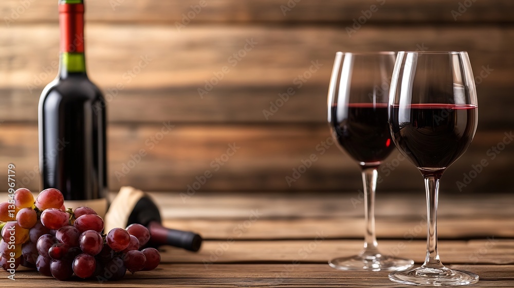 Poster elegant red wine served in glasses with grapes and a bottle on a wooden table : generative ai