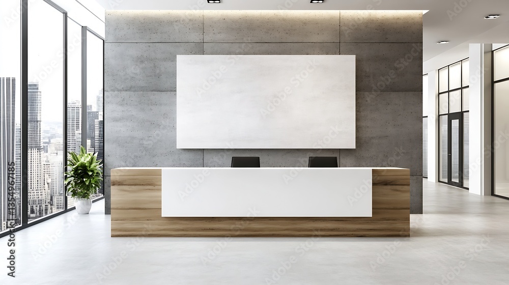 Poster modern minimalist office reception area with elegant decor and large panoramic windows : generative 