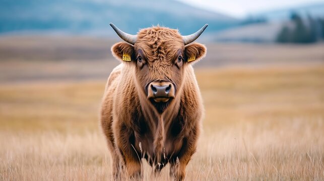 Curious Highland cow standing in a grassy meadow with a beautiful landscape and mountains in the distance : Generative AI